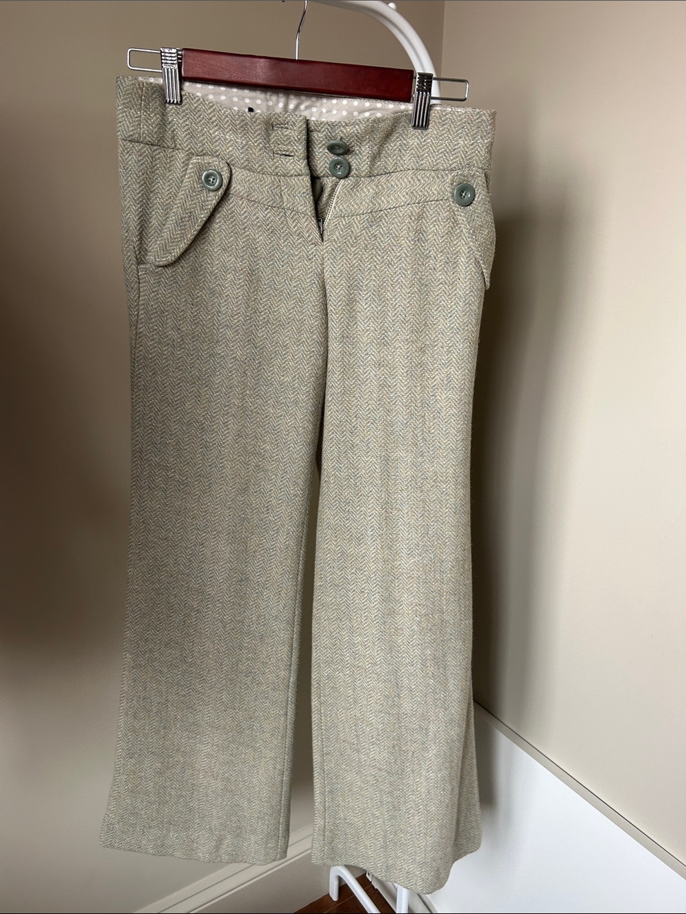 Tailored Herringbone Dress Pants in Mint Green and Beige
